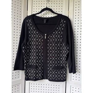 White House Black Market Black White Beaded 3/4 Sleeve Zip Up Sweater Large